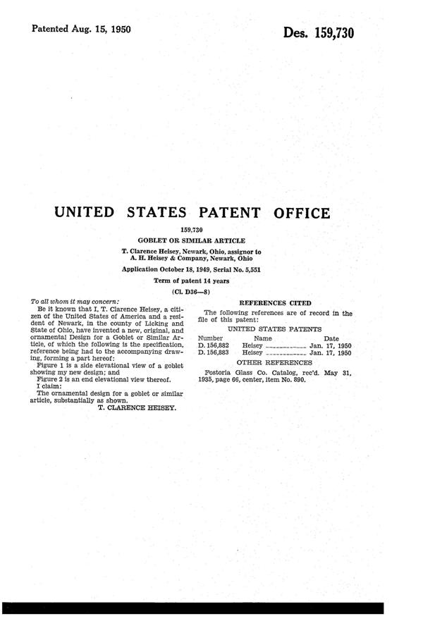 Heisey #1519 Waverly Goblet Design Patent D159730-2