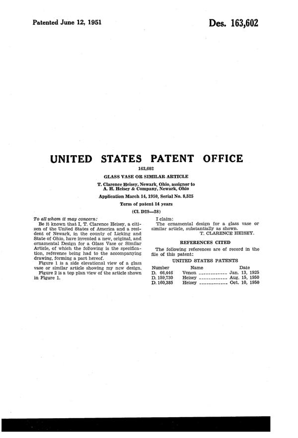 Heisey #1519 Waverly Vase Design Patent D163602-2