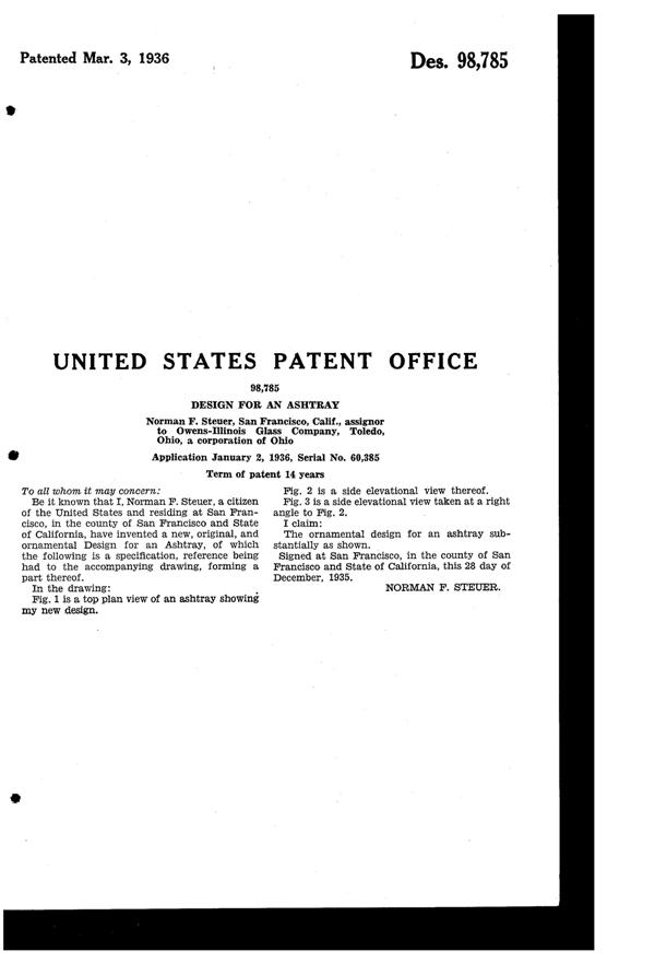 Owens-Illinois Ash Tray Design Patent D 98785-2