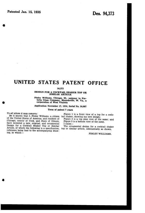 Fostoria Cocktail Shaker Top Design Patent D 94373-2