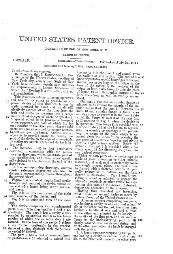 Du Boe Lemon Squeezer Patent 1234146-2