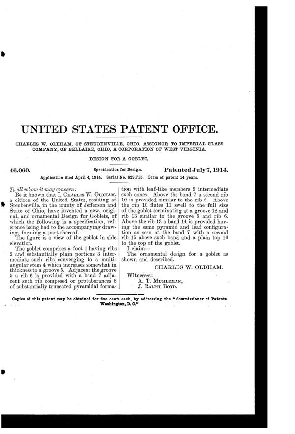 Imperial # 582 Fancy Colonial Goblet Design Patent D 46060-2