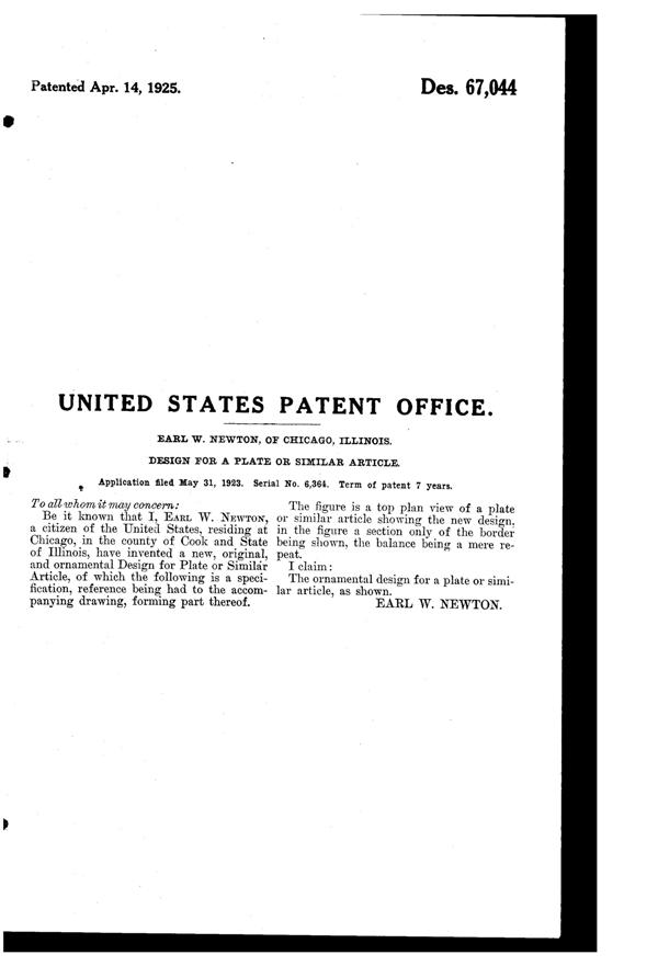 Imperial Plate Design Patent D 67044-2