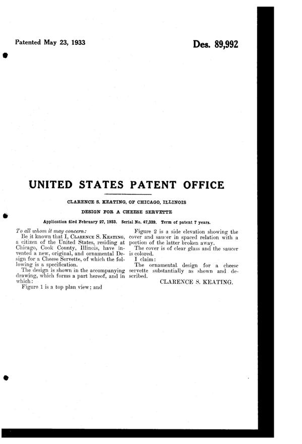 Imperial Cheese Dish Design Patent D 89992-2