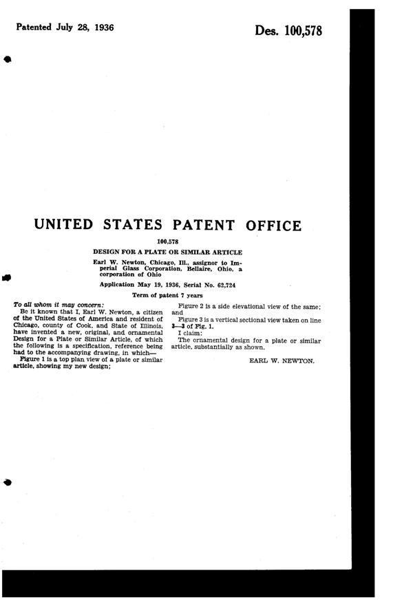 Imperial # 400 Candlewick Plate Design Patent D100578-2