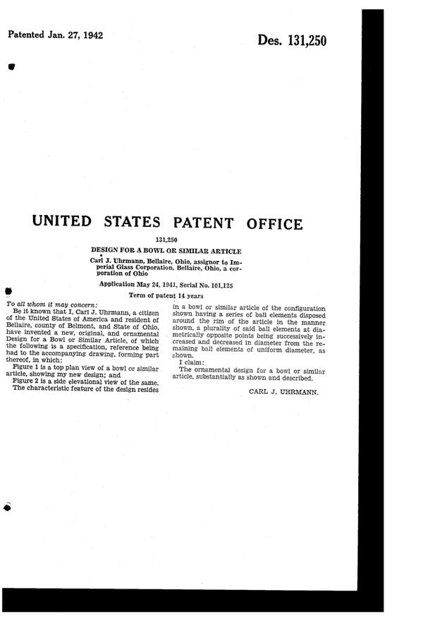 Imperial # 400 Candlewick Bowl Design Patent D131250-2