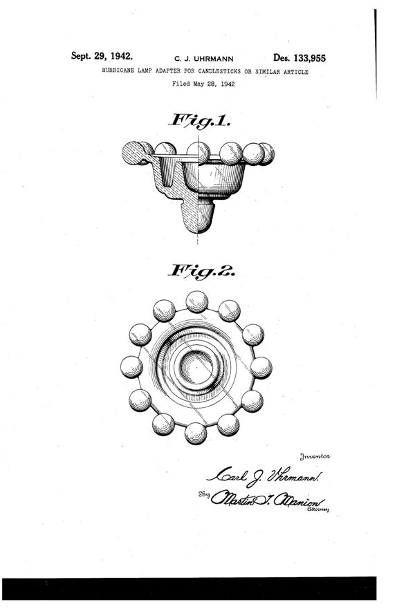 Imperial # 400 Candlewick Candlestick Adapter Design Patent D133955-1