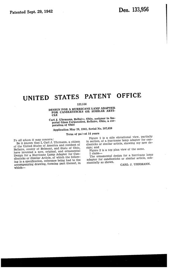 Imperial # 749 Lace Edge Candlestick Adapter Design Patent D133956-2