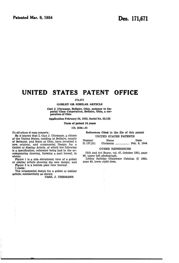 Imperial # 400 Candlewick Goblet Design Patent D171671-2