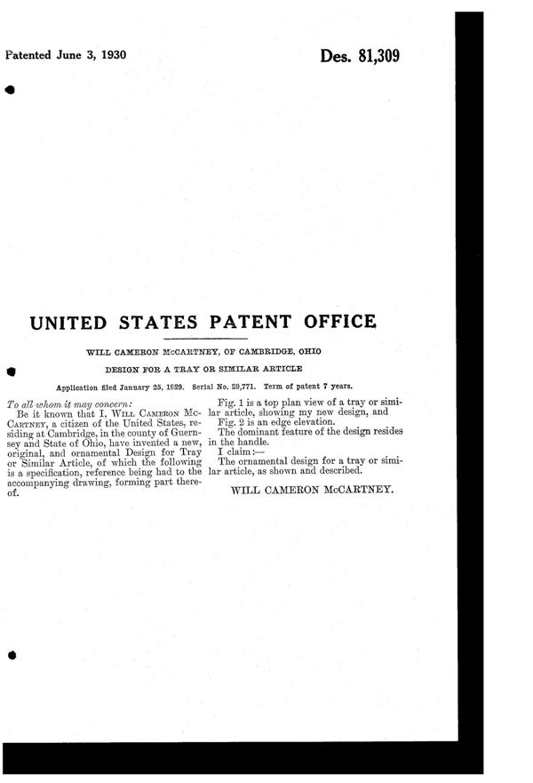 Cambridge #1084 Decagon Sandwich Tray Design Patent D 81309-2