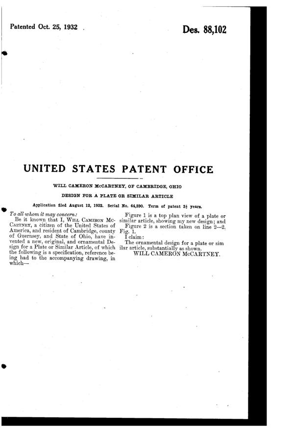 Cambridge #1402 Tally Ho Plate Design Patent D 88102-2