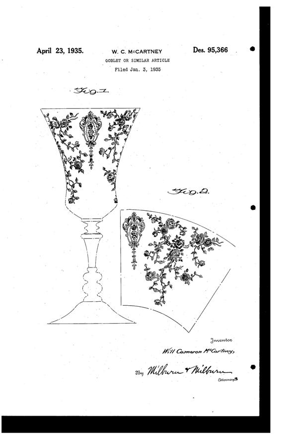 Cambridge Rose Point Etch on #3500 Goblet Design Patent D 95366-1