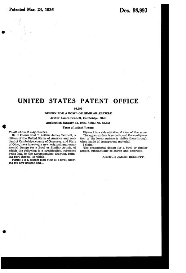 Cambridge Caprice Bowl Design Patent D 98993-2