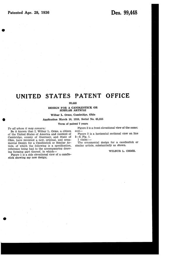 Cambridge #  70 Caprice Candlestick Design Patent D 99448-2