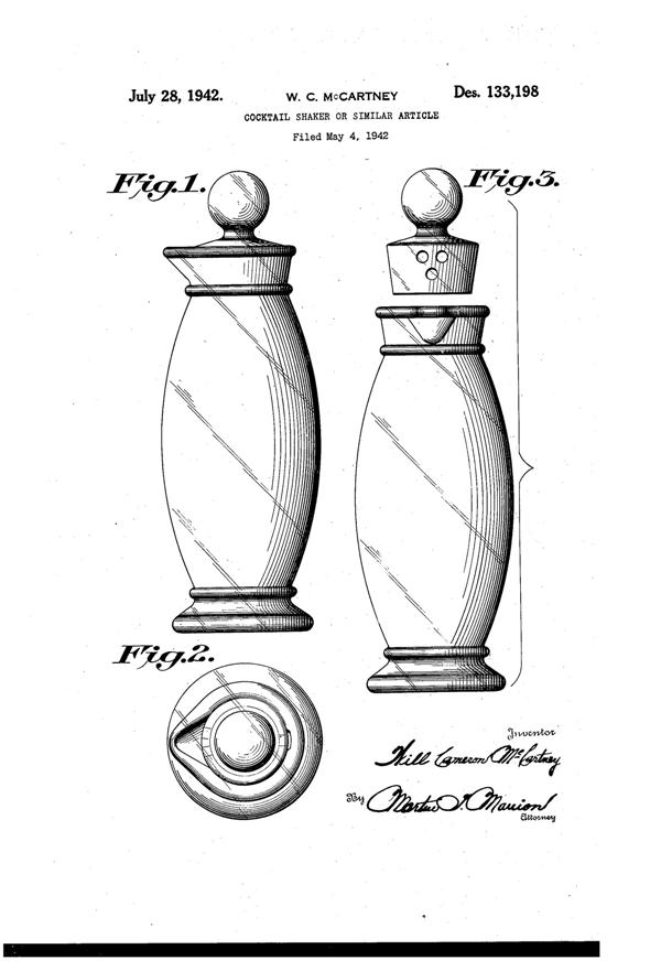 Cambridge Pristine Cocktail Shaker Design Patent D133198-1