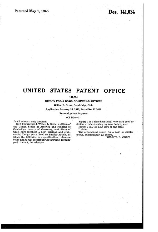 Cambridge #4000 Cascade Bowl Design Patent D141034-2