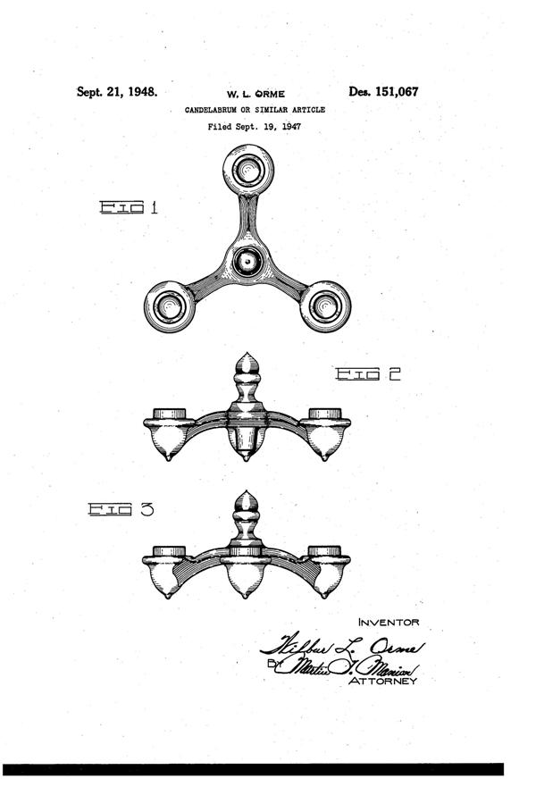Cambridge 3-Candle Arm Design Patent D151067-1
