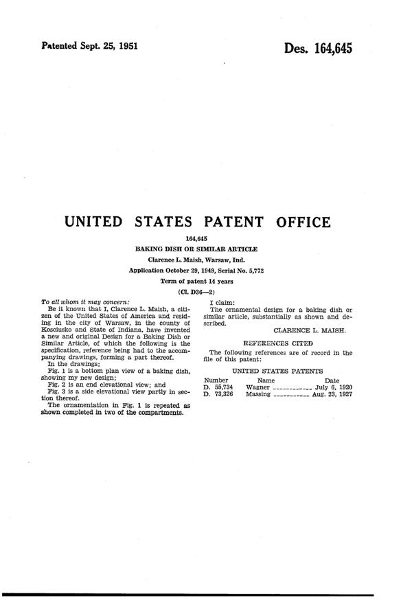 Indiana Little Crow Foods Miracle Maize Baking Dish Design Patent D164645-2