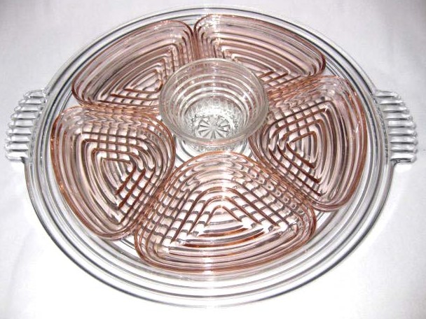 Hocking Manhattan Relish Tray w/ Pink Inserts