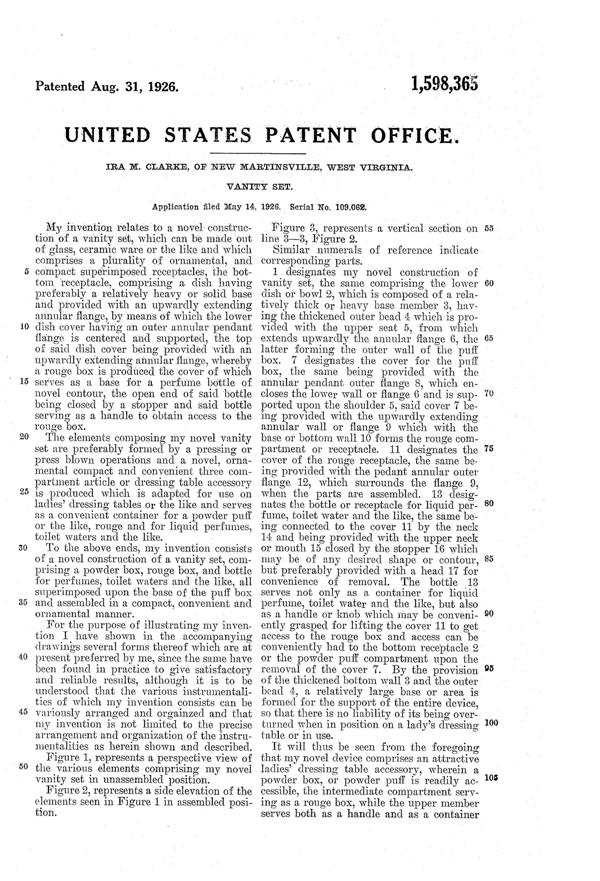 New Martinsville #1926/3 Vanity Set Patent 1598365-2