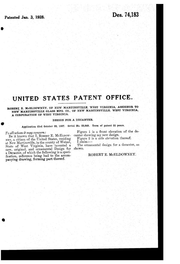 New Martinsville Silly Toby Decanter Design Patent D 74183-2