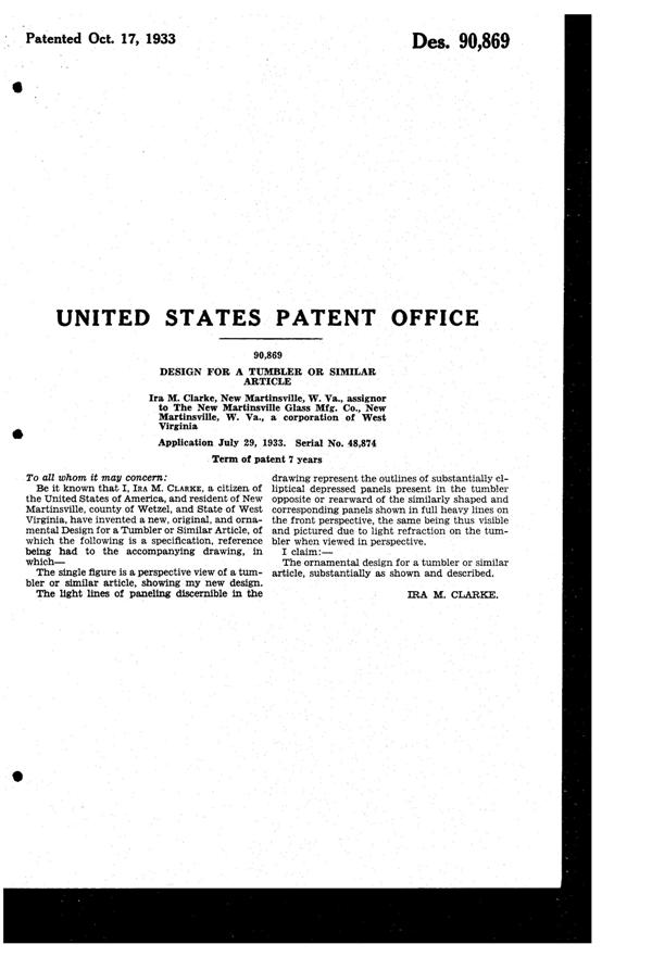 New Martinsville #  38 Hostmaster Footed Tumbler Design Patent D 90869-2