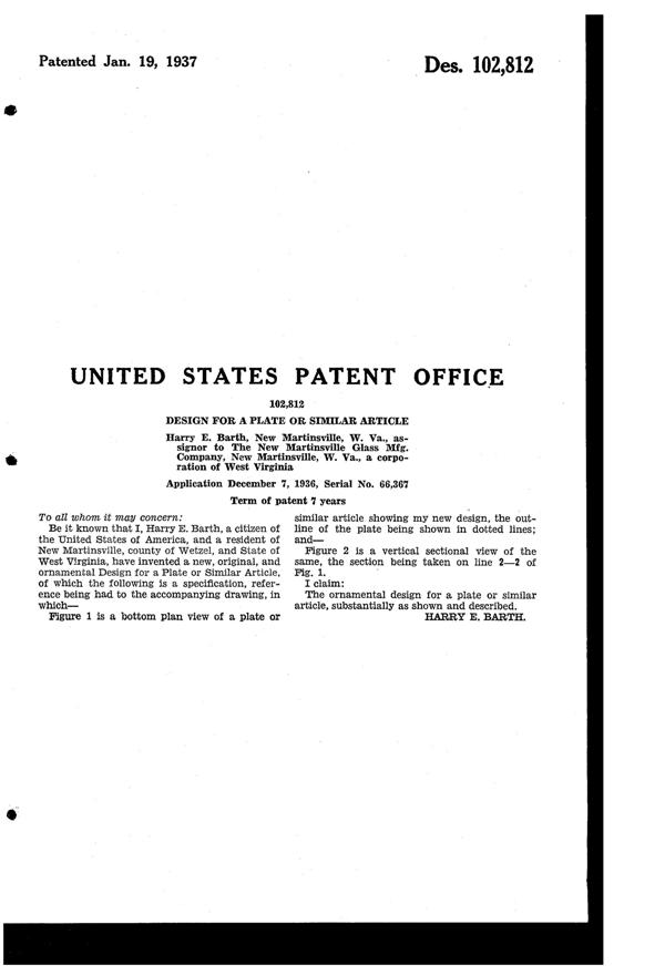 New Martinsville #  42 Radiance Plate Design Patent D102812-2