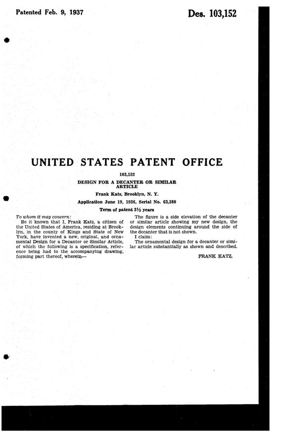 New Martinsville #  42 Radiance Decanter Design Patent D103152-2