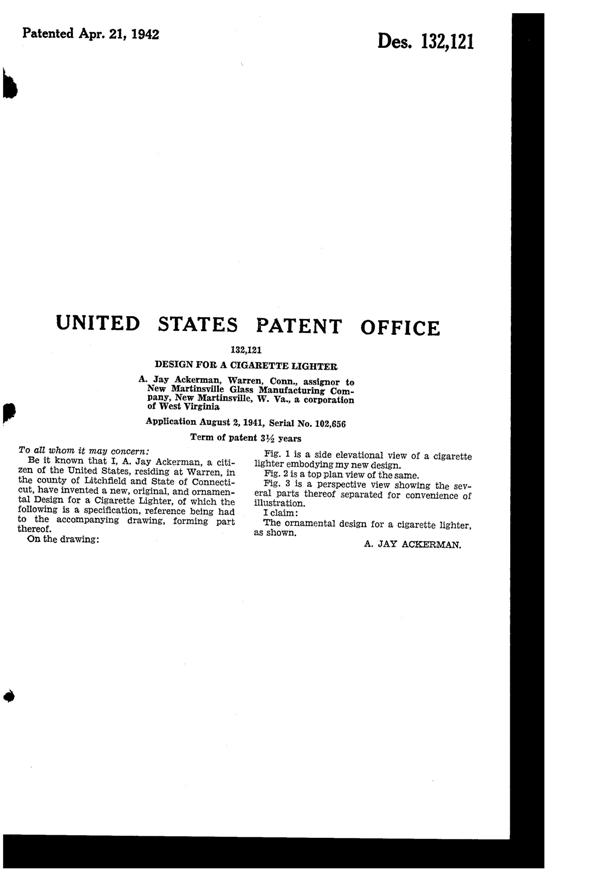 New Martinsville Cigarette Lighter Design Patent D132121-2