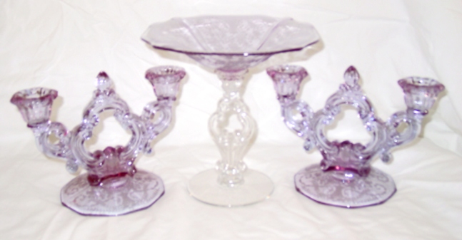 Cambridge #647 Portia Candlesticks & #3400/29 Compote