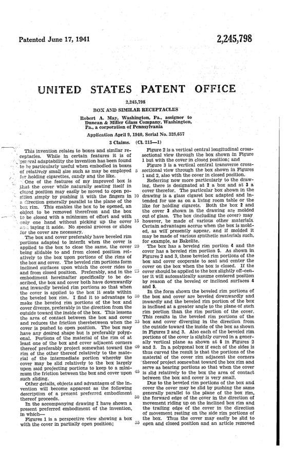 Duncan & Miller #  30 Pall Mall Cigarette Box Patent 2245798-2