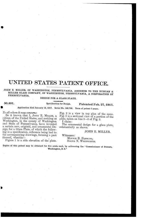 Duncan & Miller #  91 Plate Design Patent D 50401-2