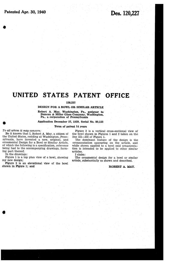 Duncan & Miller #  75 Diamond Bowl Design Patent D120227-3