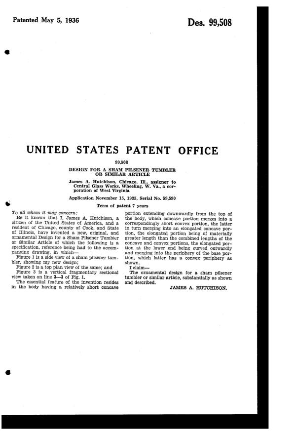 Central #1661 Sham Pilsner Design Patent D 99508-2