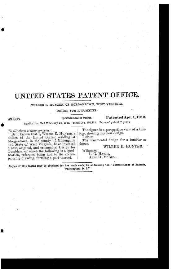 Morgantown # 197 Needle Etch on #9415 Tumbler Design Patent D 43808-2
