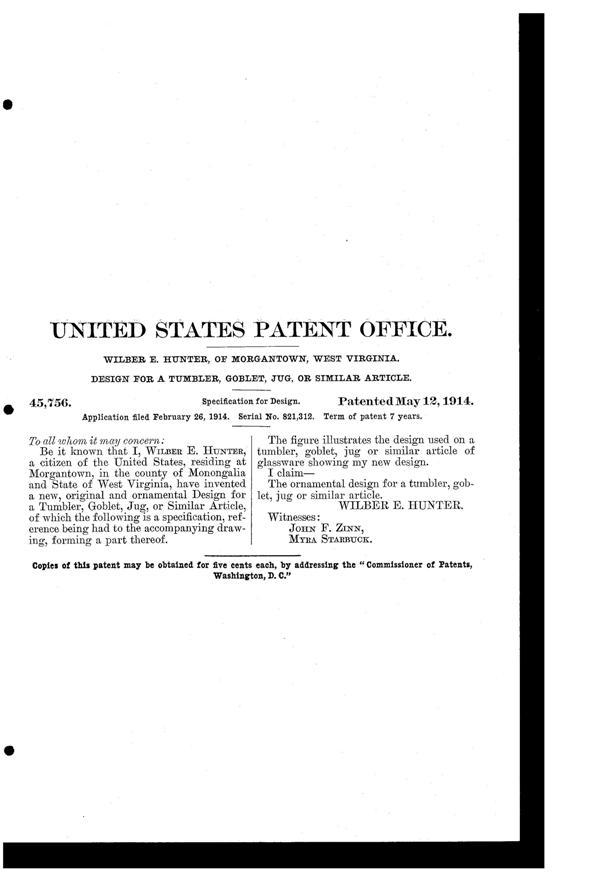 Morgantown # 726 Loire Etch with Border #  12 Design Patent D 45756-2