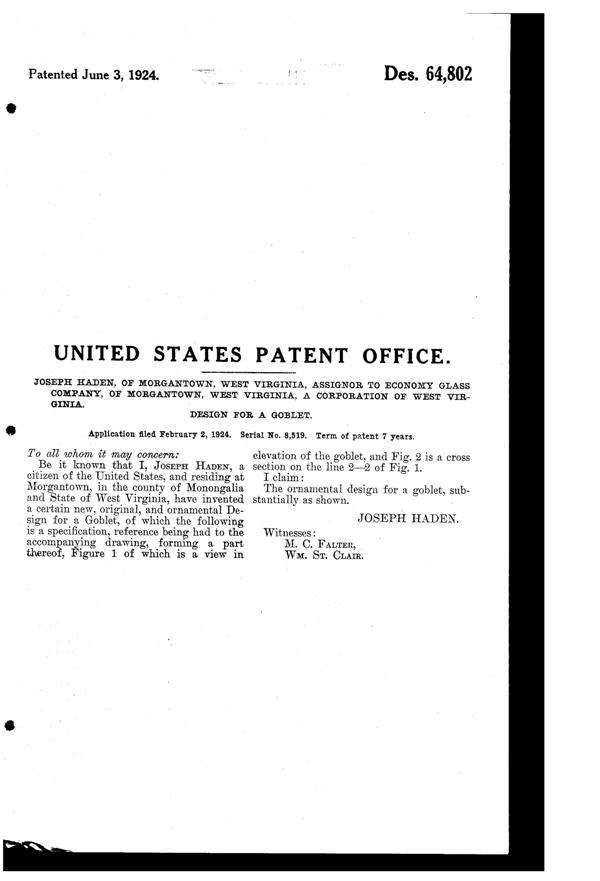 Morgantown #7596 Geneva Goblet Design Patent D 64802-2