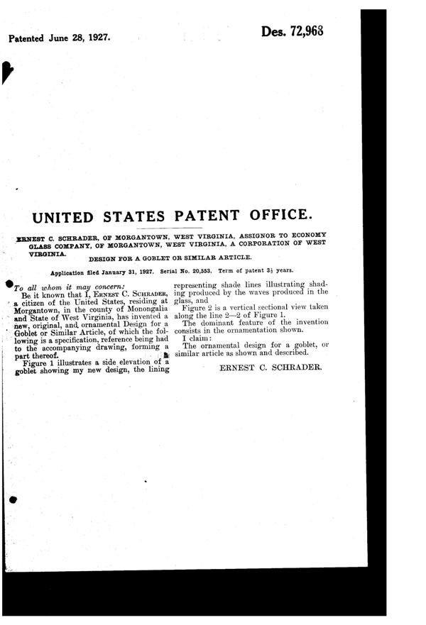 Morgantown Palm Optic Goblet Design Patent D 72968-2