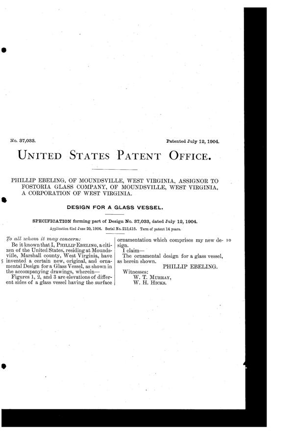 Fostoria Vessel Design Patent D 37033-2