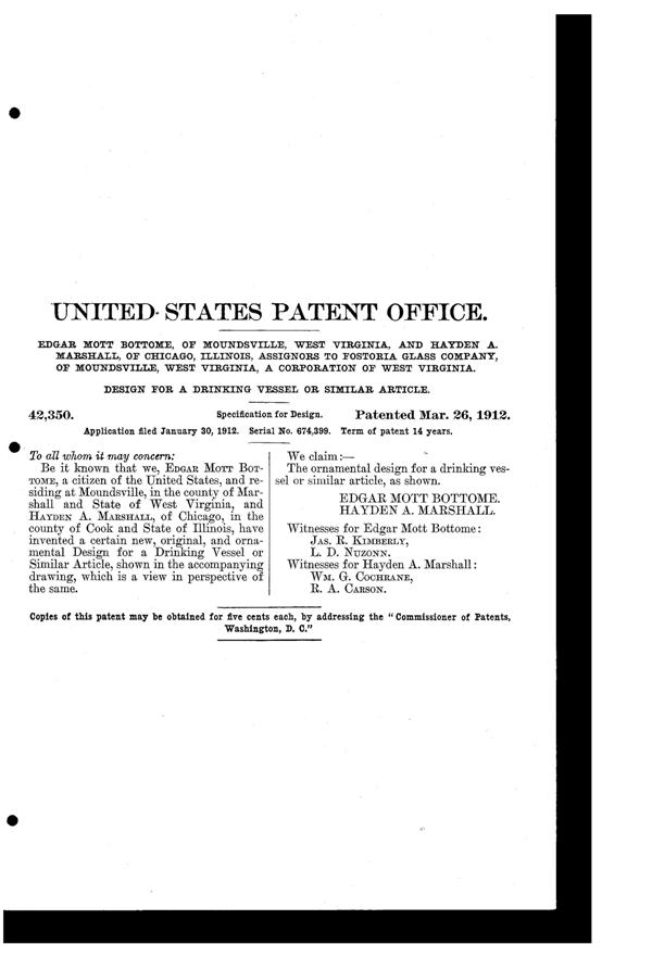 Fostoria # 215 Panel Etch on #820 Tumbler Design Patent D 42350-2