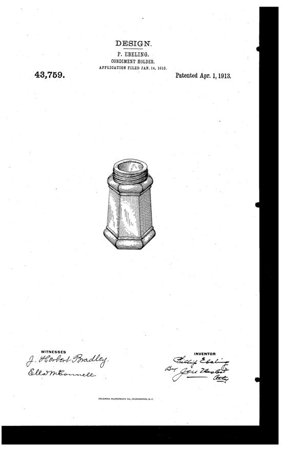 Fostoria #1913 Flemish #1 Shaker Design Patent D 43759-1