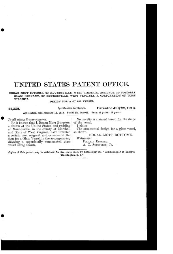 Fostoria # 232 Lotus Etch on #5070 Goblet Design Patent D 44352-2