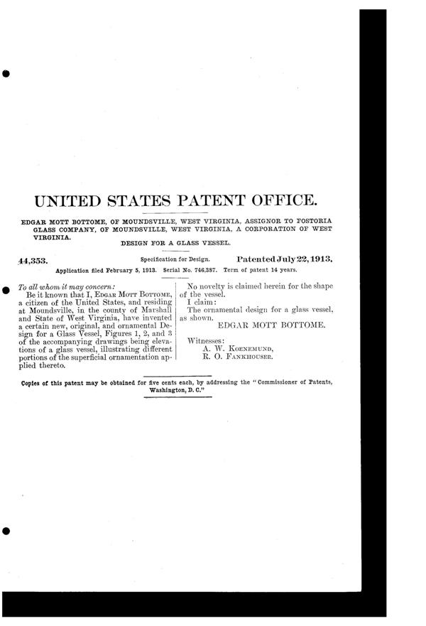 Fostoria # 227 New Vintage Etch on #880 Goblet Design Patent D 44353-2