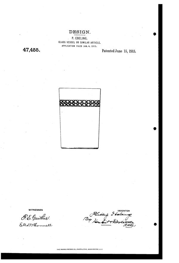 Fostoria #  36 Irish Lace Needle Etch on #820 Tumbler Design Patent D 47455-1
