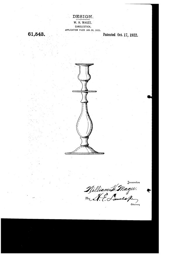 Fostoria Candlestick Design Patent D 61543-1
