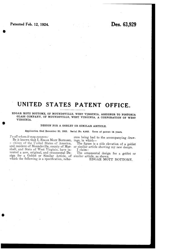 Fostoria # 266 Washington Etch on #660 Goblet Design Patent D 63929-2
