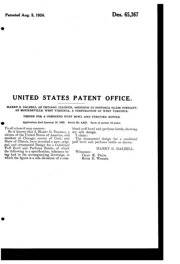 Fostoria #2276 Combination Puff Box & Perfume Design Patent D 65367-2