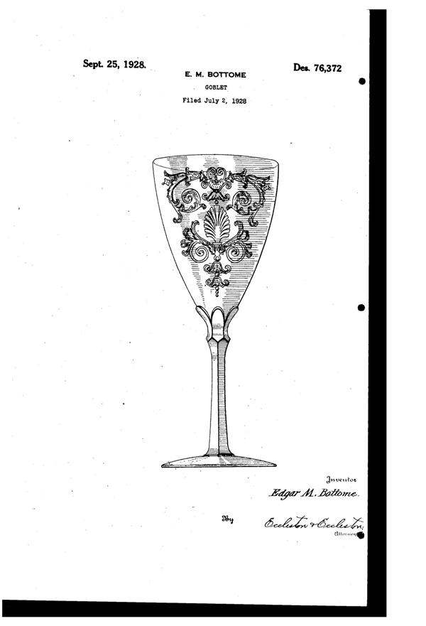 Fostoria # 278 Versailles Etch on #5098 Goblet Design Patent D 76372-1