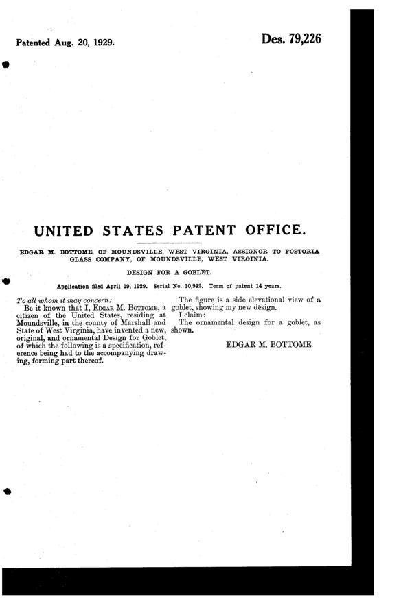 Fostoria # 280 Trojan Etch on #5099 Goblet Design Patent D 79226-2