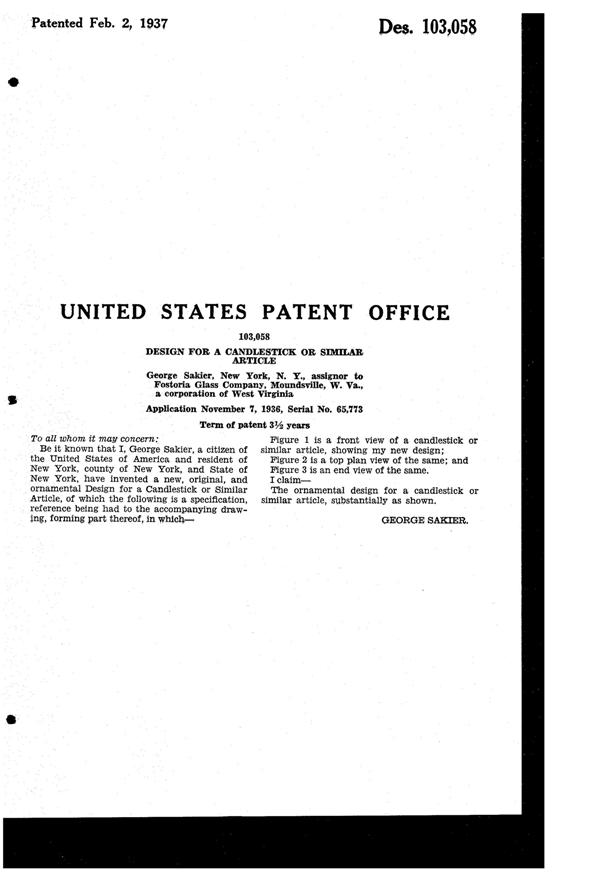Fostoria #2496 Baroque Candlestick Design Patent D103058-2